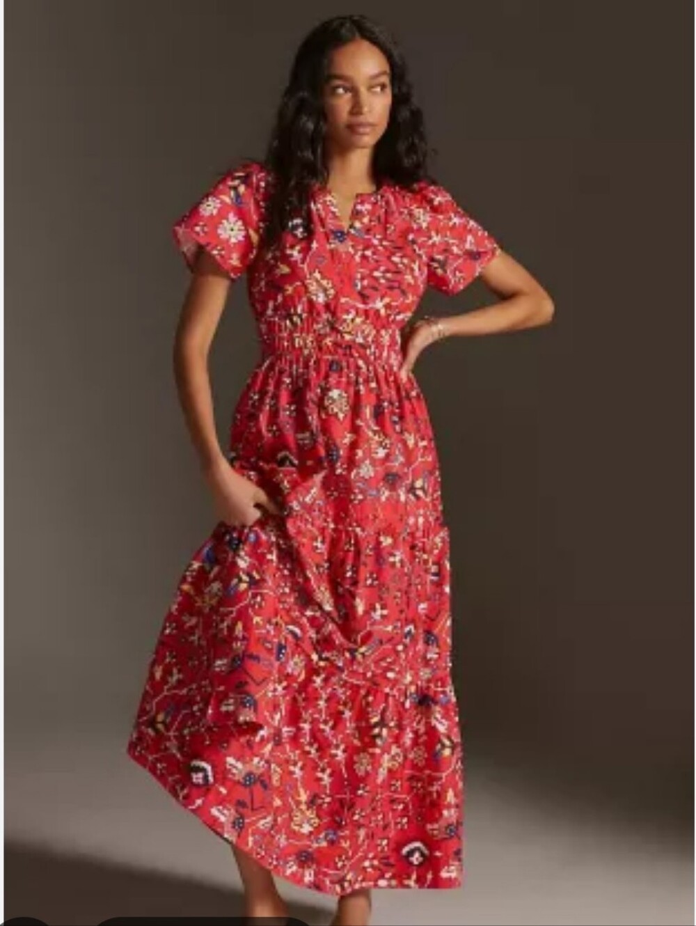 Anthropologie Somorset Red And White Flutter‎ Sleeve  Maxi Dress